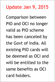 Update Jan 9, 2015 Comparison between PIO and OCI no longer valid as PIO scheme has been canceled by the Govt of India. All existing PIO cards will be deemed as OCI and will be entitled to the same benefits as OCI card holders.